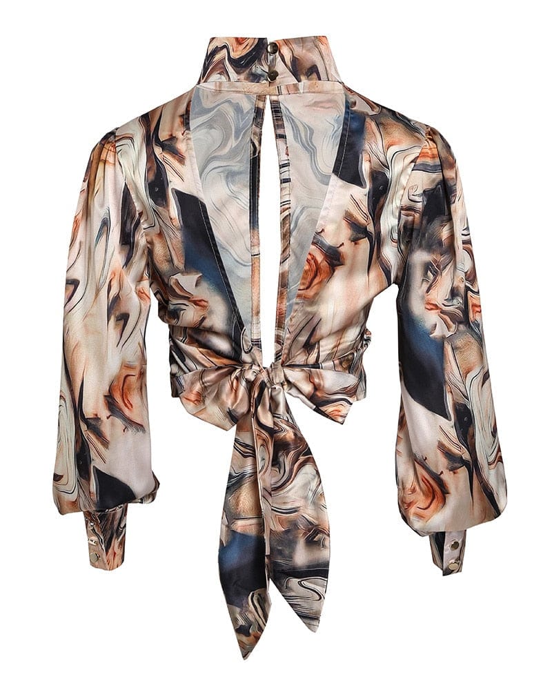 Cap Point Abstract Print Open Back Lantern Sleeve Cutout Blouse