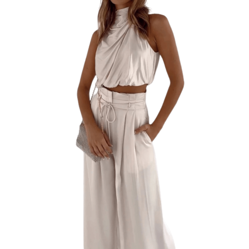 Drauuing Beige Two Piece Pants Sets Women Outfit Silk Pleated Texture –  AMAIO