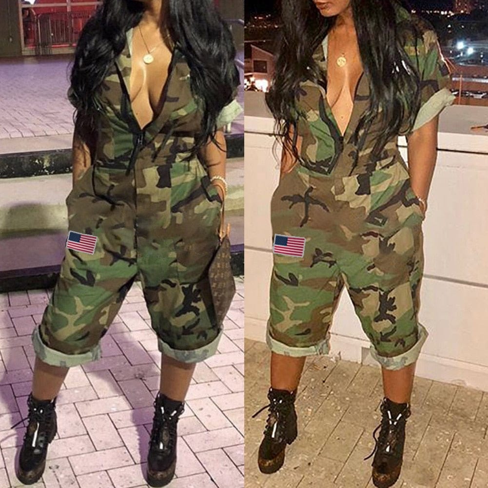 Cap Point Linton Short Sleeves Camouflage Mid Short Jumpsuit