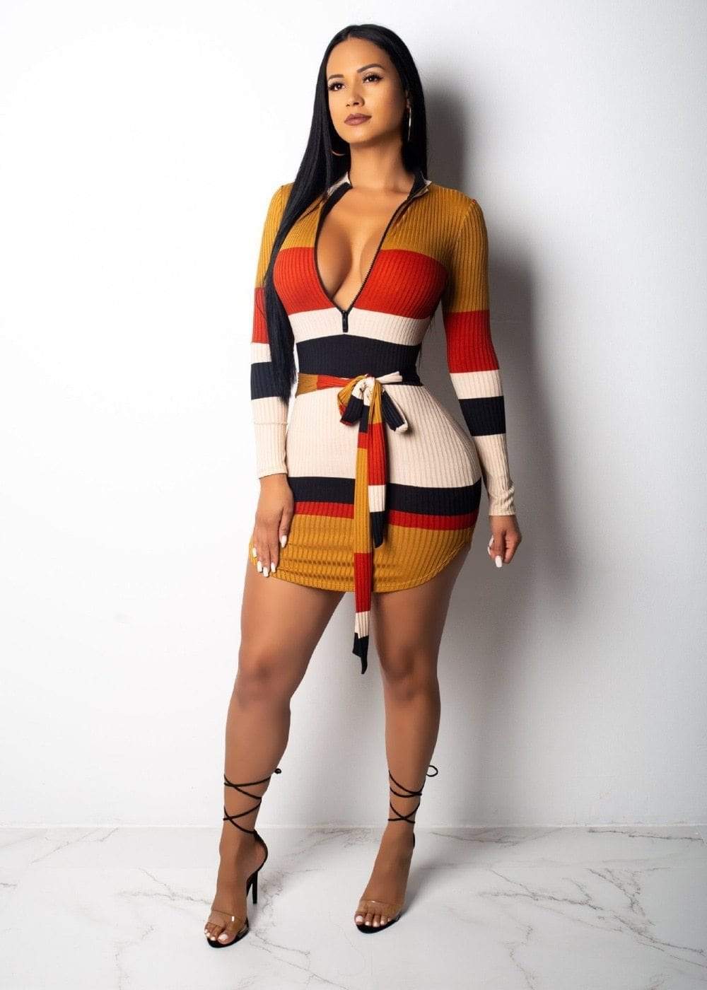 Cap Point Sexy long sleeve mini dress with striped sashes