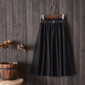Cap Point 001-Black-Skirt / One Size Serena A-line Preppy Style Solid Skirt With Belt