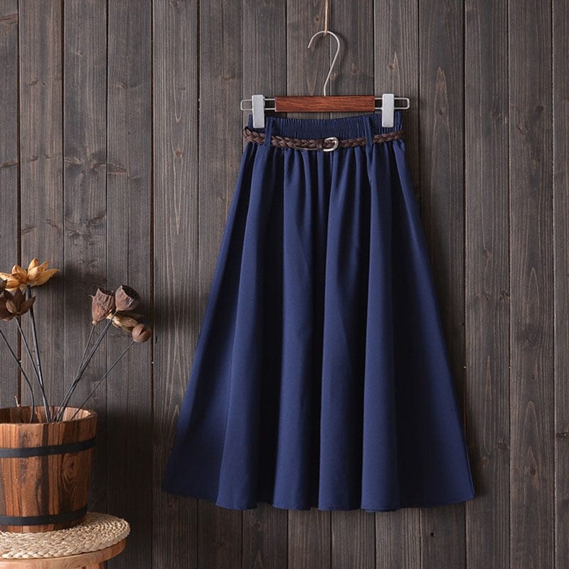 Cap Point 001-Blue-Skirt / One Size Serena A-line Preppy Style Solid Skirt With Belt