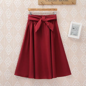 Cap Point 002-Red-Skirt / One Size Serena A-line Preppy Style Solid Skirt With Belt