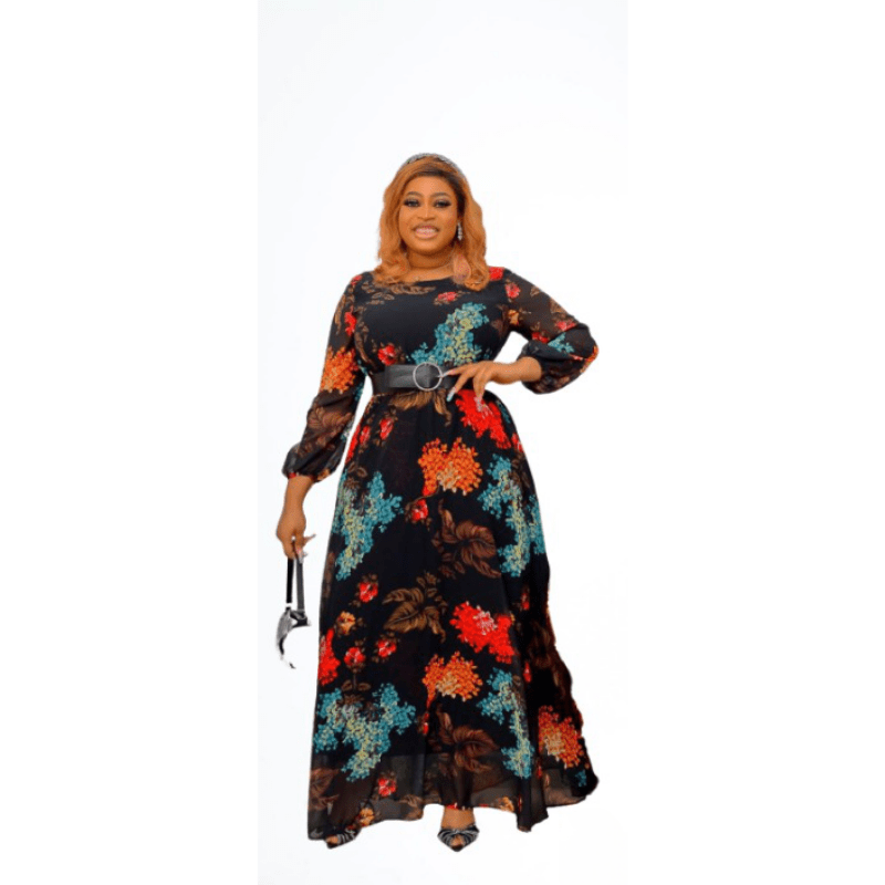Cap Point 14 / Black New High Waisted Printed Floor Length Round Neck Elegant Dress