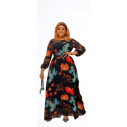 Cap Point 14 / Black New High Waisted Printed Floor Length Round Neck Elegant Dress