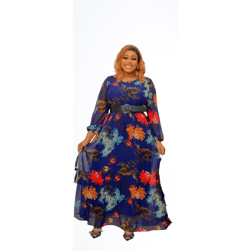 Cap Point 14 / Blue New High Waisted Printed Floor Length Round Neck Elegant Dress
