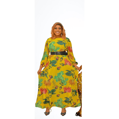 Cap Point 14 / Yellow New High Waisted Printed Floor Length Round Neck Elegant Dress