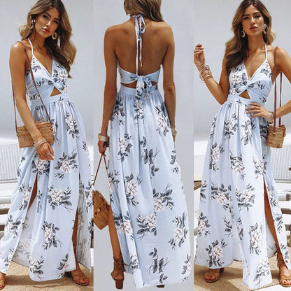 Cap Point 2XL / Light Blue Joelle V-neck Sleeveless Summer Boho Maxi Long Dress