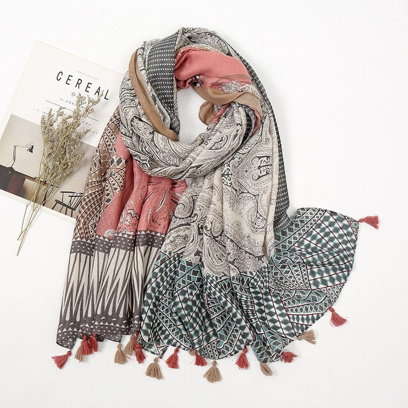 Cap Point 3 Martha Aztec Cashew Floral Tassel Viscose Shawl Scarf