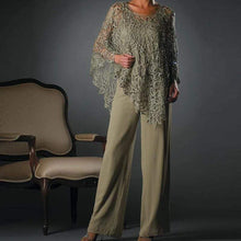 Load image into Gallery viewer, Cap Point 3 Piece Mother of the Bride Pant Suit with Irregular Lace Chiffon Jacket
