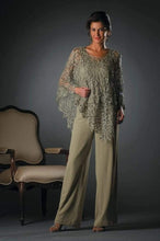 Load image into Gallery viewer, Cap Point 3 Piece Mother of the Bride Pant Suit with Irregular Lace Chiffon Jacket
