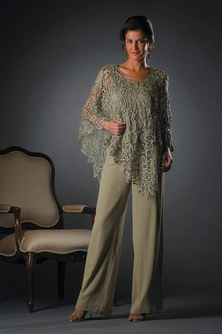 Cap Point 3 Piece Mother of the Bride Pant Suit with Irregular Lace Chiffon Jacket
