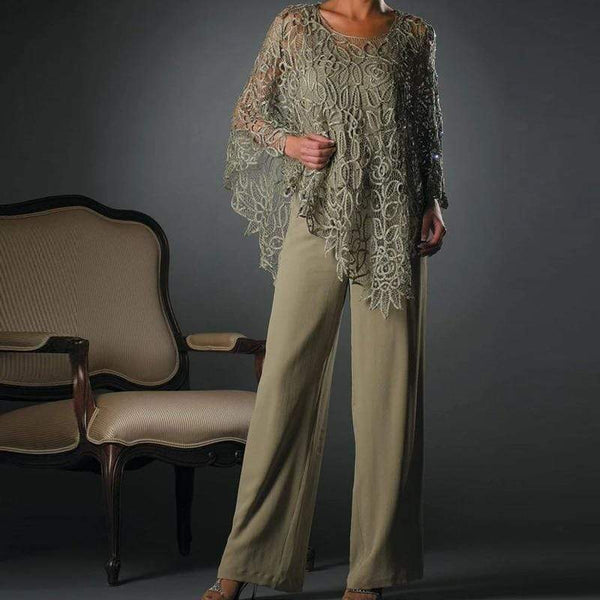 Cap Point 3 Piece Mother of the Bride Pant Suit with Irregular Lace Chiffon Jacket