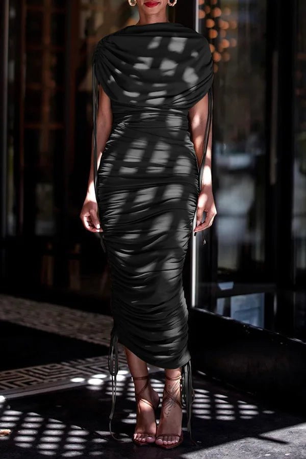 Cap Point Aimee Elegant Ruched Pleated Zipper Up Sleeveless Maxi Dress