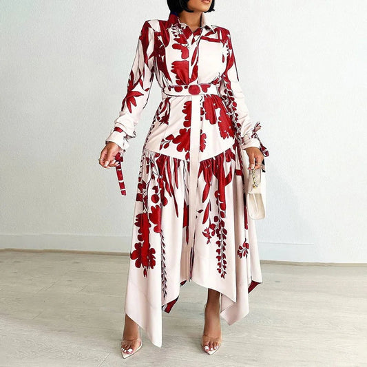 Cap Point Aimee Turn Down Collar Single Breasted Full Sleeve Asymmetric Ankle Length Dress