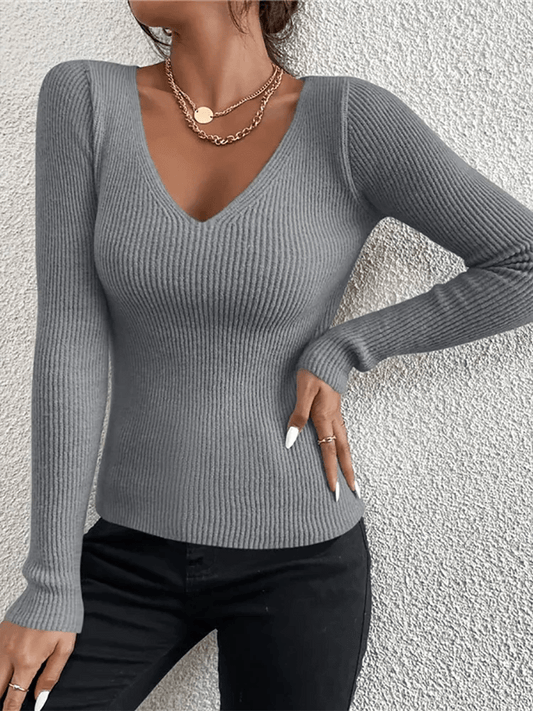 Cap Point Ameline Rib Knit V Neck Stripe Pull Sweater