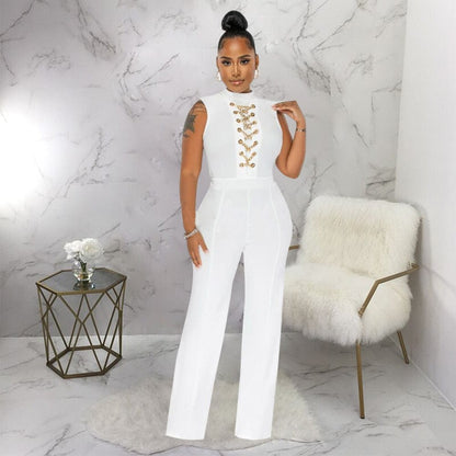 Cap Point Anita Solid O Neck High Waist Wide Leg Pant Jumpsuit