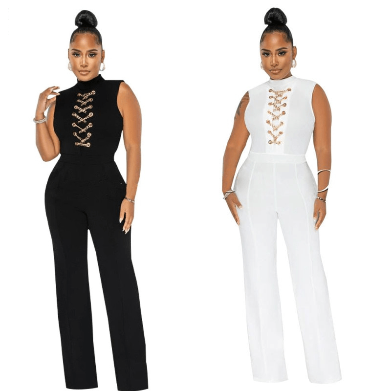 Cap Point Anita Solid O Neck High Waist Wide Leg Pant Jumpsuit