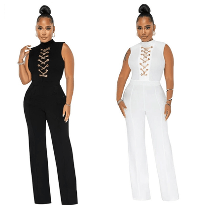 Cap Point Anita Solid O Neck High Waist Wide Leg Pant Jumpsuit