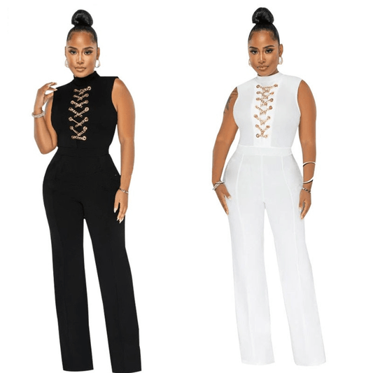 Cap Point Anita Solid O Neck High Waist Wide Leg Pant Jumpsuit