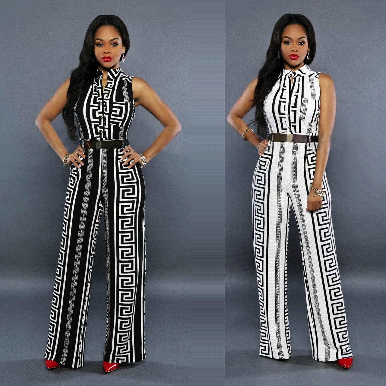 Cap Point Anita V-neck Geometric Print Sleeveless Jumpsuit