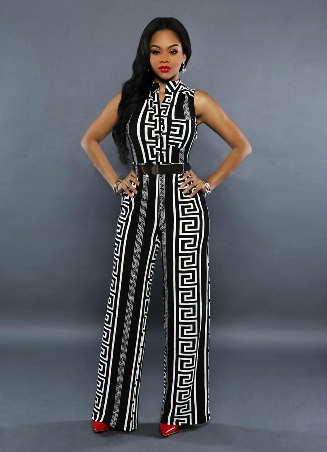 Cap Point Anita V-neck Geometric Print Sleeveless Jumpsuit