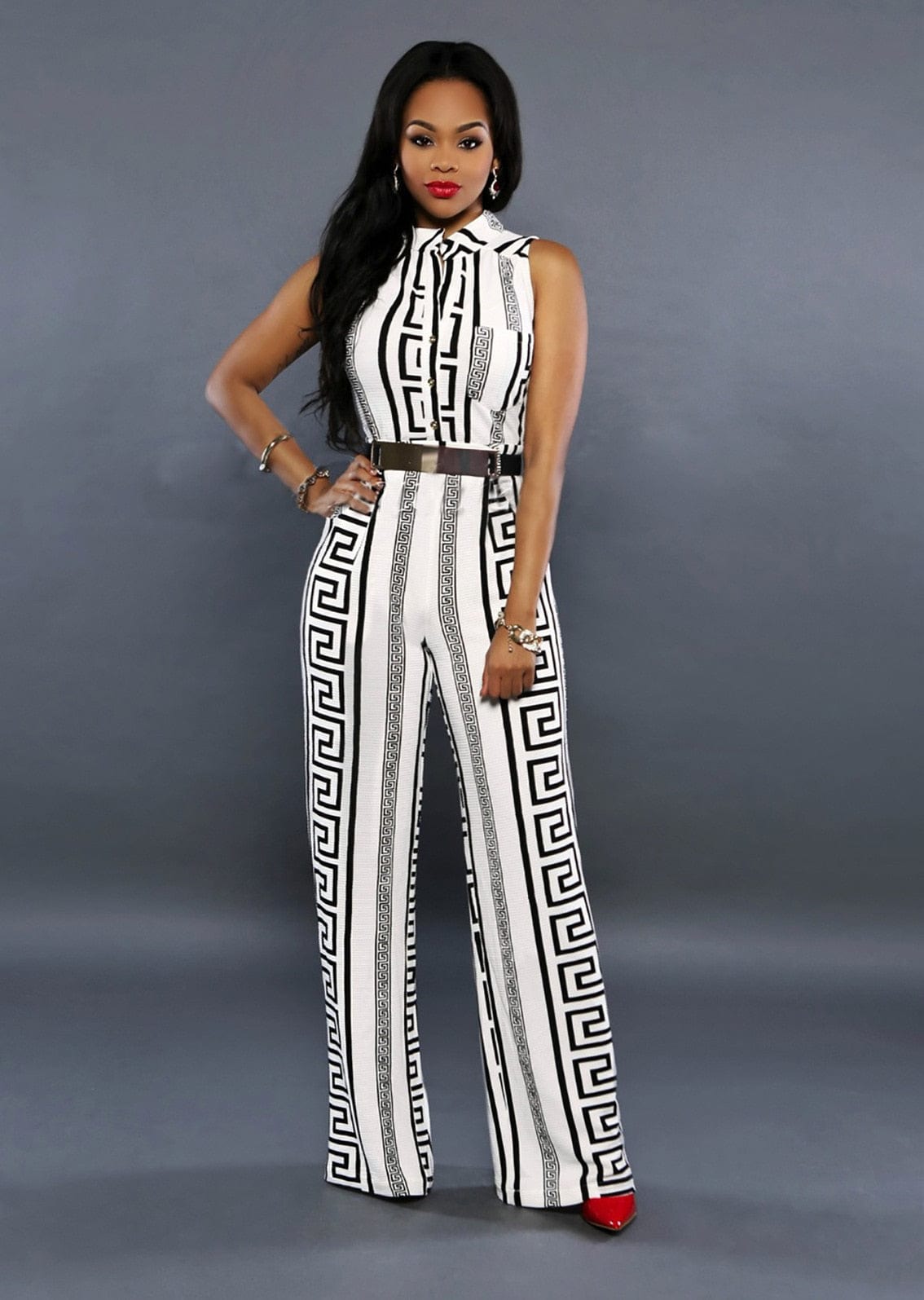 Cap Point Anita V-neck Geometric Print Sleeveless Jumpsuit