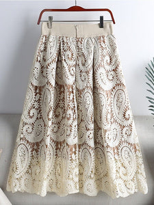 Cap Point Apricot / One Size Elegant Vintage Midi Hollow Out Lace Skirt