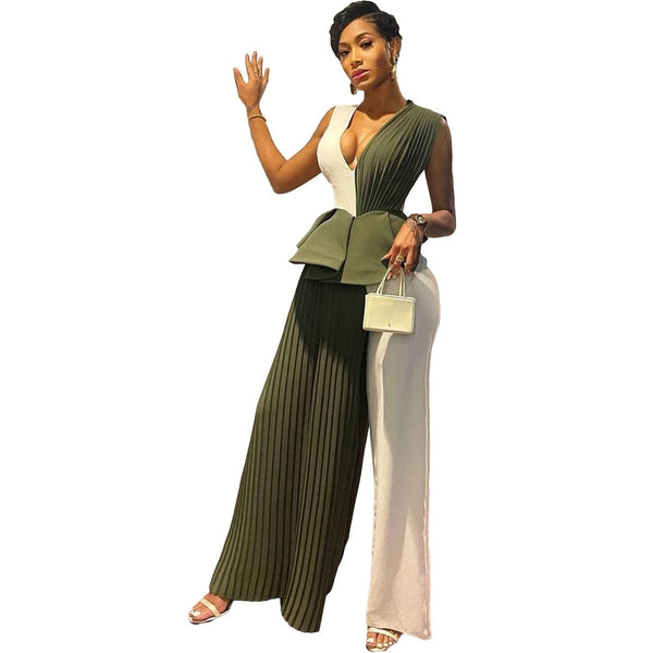 Cap Point Army Green / S Emilie Patchwork Pleated Sleevel V-neck Wide Leg Staight Sleeveless Jumpsuit