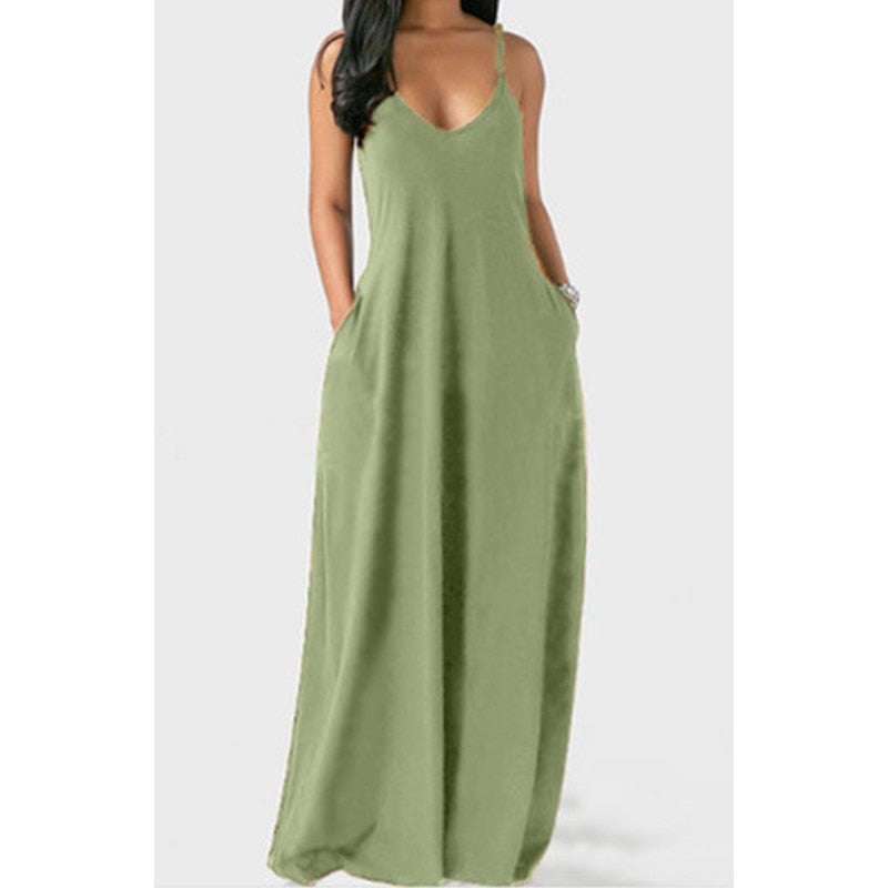 Cap Point Army Green / S Melania Sexy Bohemian Loose Sleeveless V-Neck Strappy Maxi Dress