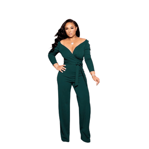 Cap Point Army Green / S Solid Sexy Deep V Neck Full Sleeve  Work Party Casual Slim Jumpsuits
