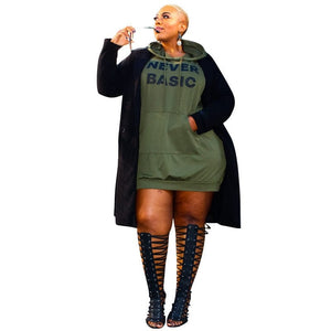 Cap Point Army Green / XL Plus Size Letter Print Hoodie Casual Loose Mini Dress