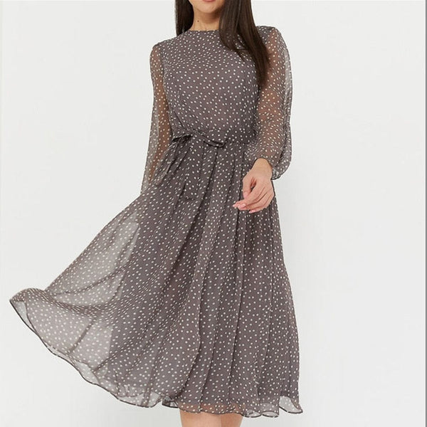 Cap Point As picture / S Elegant Dot Print Long Sleeve A-line Dress Party Dress
