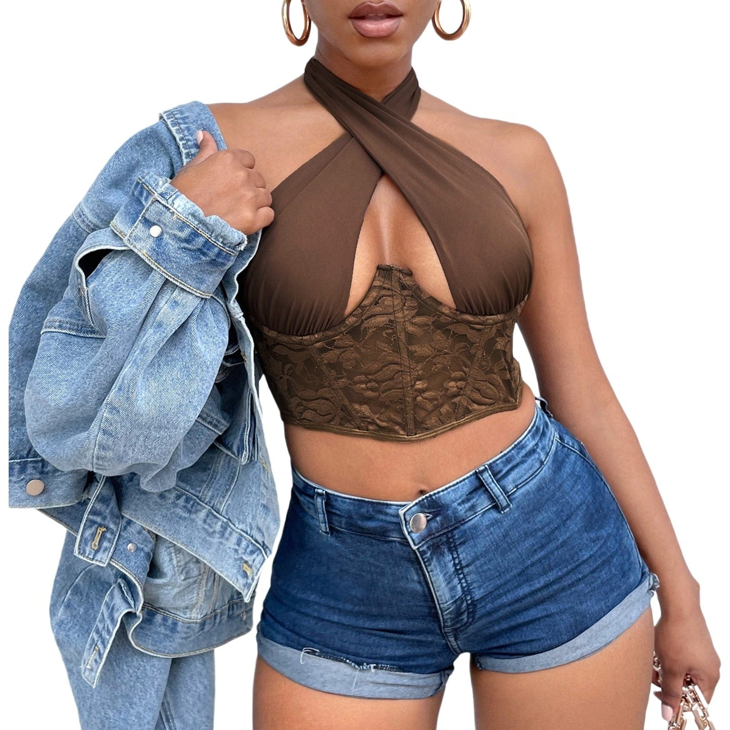 Cap Point Auburn / S Sexy Spliced Lace Bustier Crop Top