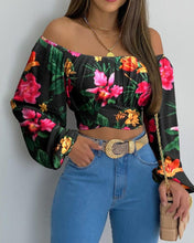 Load image into Gallery viewer, Cap Point Baraka Criss Cross Print Off-Shoulder Cropped Top With Gathered Lantern Sleeves
