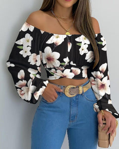 Cap Point Baraka Criss Cross Print Off-Shoulder Cropped Top With Gathered Lantern Sleeves