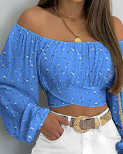 Load image into Gallery viewer, Cap Point Baraka Criss Cross Print Off-Shoulder Cropped Top With Gathered Lantern Sleeves

