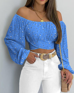 Cap Point Baraka Criss Cross Print Off-Shoulder Cropped Top With Gathered Lantern Sleeves