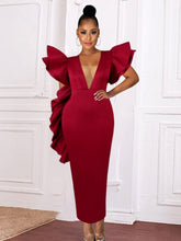 Load image into Gallery viewer, Cap Point Beatrice Deep V Neck Flying Sleeve Ruffle Mesh Patchwork Party Maxi Dress
