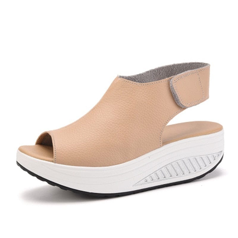 Cap Point Beige / 4 Casual Platform Wedges Sandals Leather Swing Peep Toe