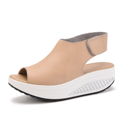 Cap Point Beige / 4 Casual Platform Wedges Sandals Leather Swing Peep Toe