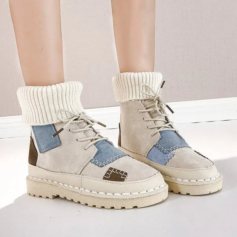 Cap Point Beige / 5 Ginette flat soft bottom comfortable woollen line Martin boots