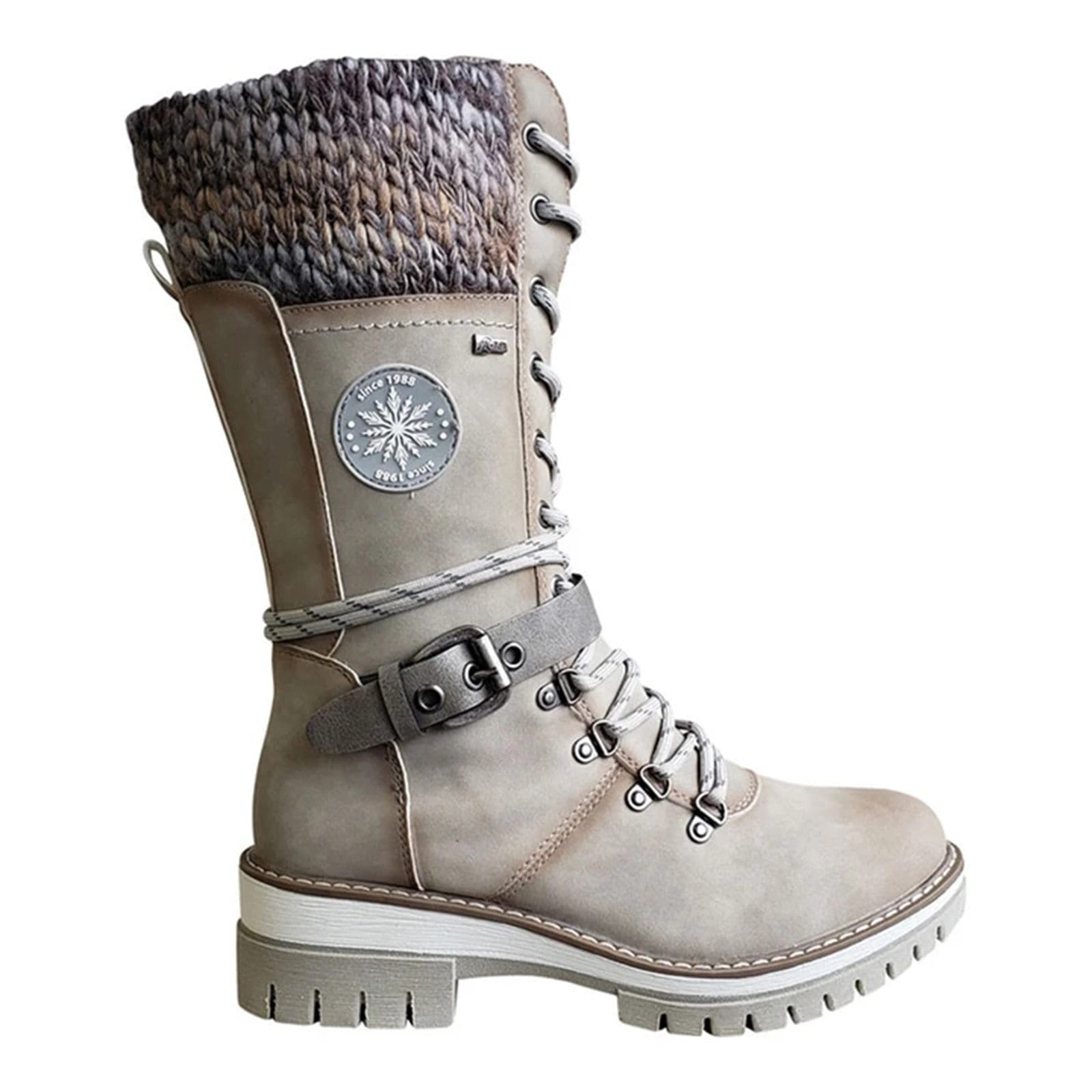 Cap Point Beige / 6.5 Women's Premium Lace Knit Mid-Calf Buckle Winter Boots