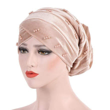 Load image into Gallery viewer, Cap Point Beige New Solid Pearl Beaded Turban Head Scarf
