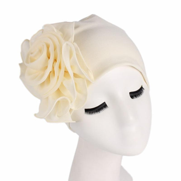 Cap Point Beige / One size fits all New Large Flower Stretch Head Scarf Hat