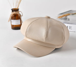 Cap Point Beige / One Size Leather Vintage England Style Newsboy Cap