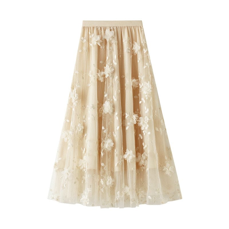 Cap Point beige / One Size Luxury style Elastic Waist Appliques Embroidery Floral Mesh Skirt