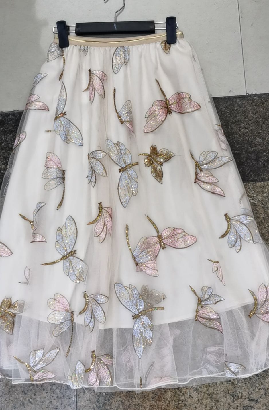 Cap Point Beige / One Size Perline Flowers Embroidery Tulle High Waist Midi Pleated Maxi Skirt