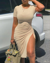 Load image into Gallery viewer, Cap Point Beige / S Claudia Short Sleeve Drawstring Ruched Dress

