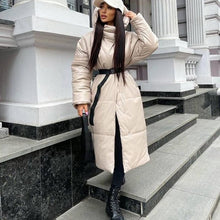 Load image into Gallery viewer, Cap Point Beige / S Emery Elegant Faux Leather Hooded PU Parkas Tie Belt Coat

